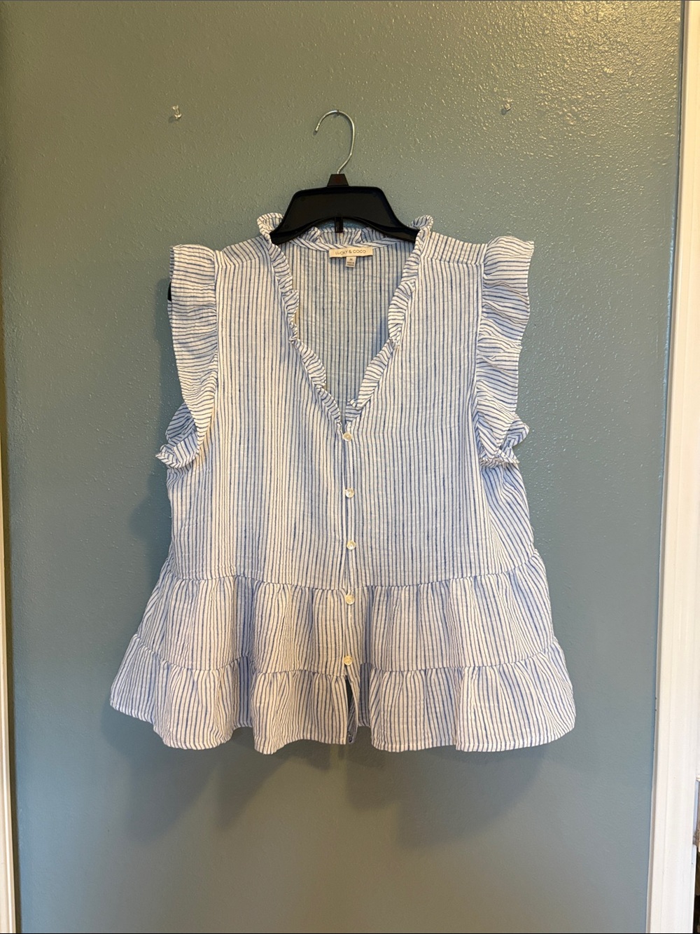 Blue Stripe Ruffle Sleeveless Button-Front Flowy Top - Picture 6 of 11